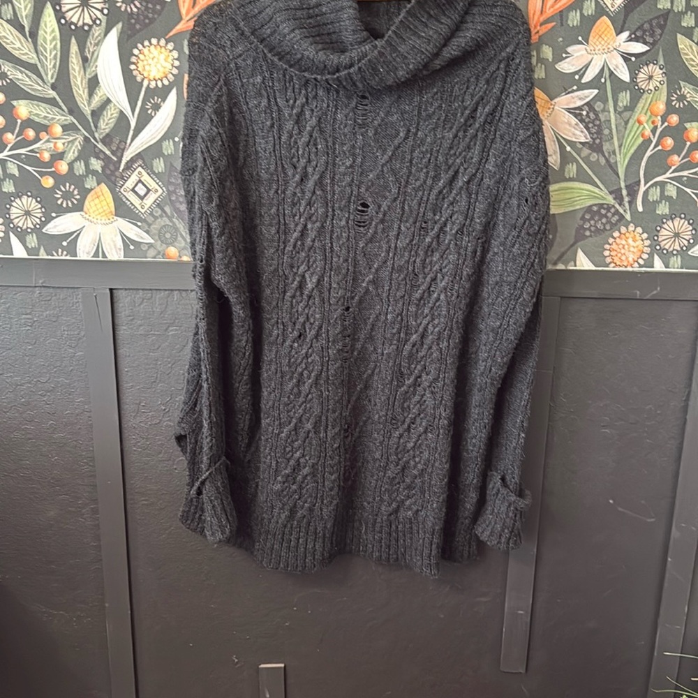 Anthropologie Gray Cowl Neck Cable Knit Sweater